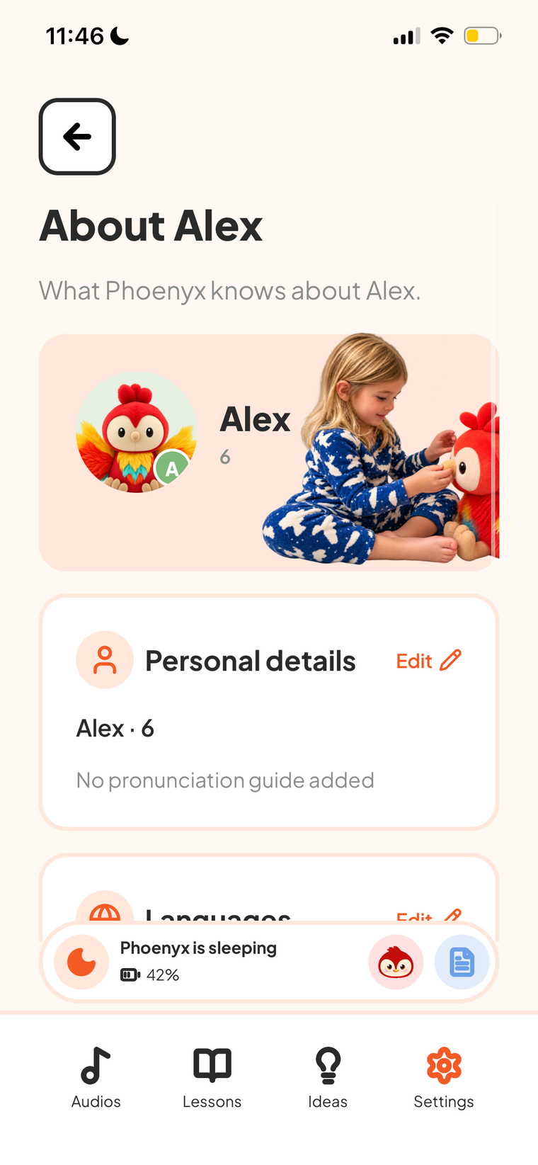 The parent app showing a child profile with home language, language being learned, and interests