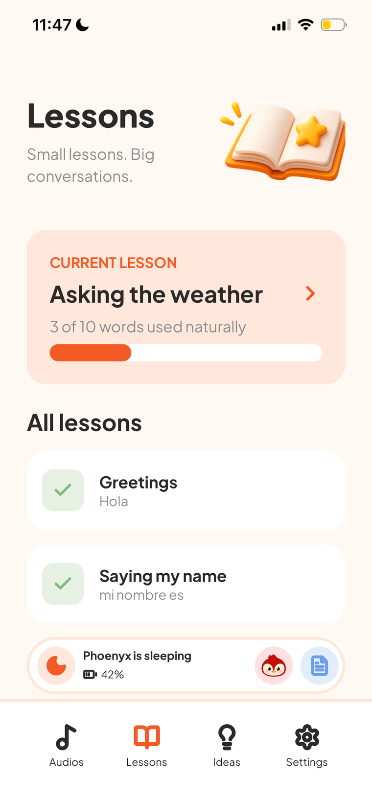 The parent app showing lesson progress