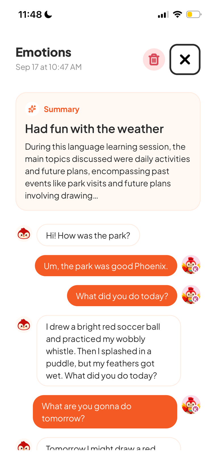 The parent app showing a summary of a child’s conversation