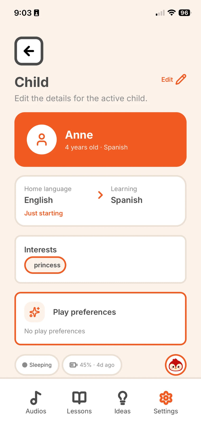 The parent app showing a child profile with home language, language being learned, and interests