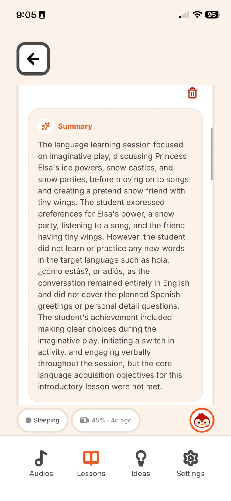 The parent app showing a summary of a child’s conversation