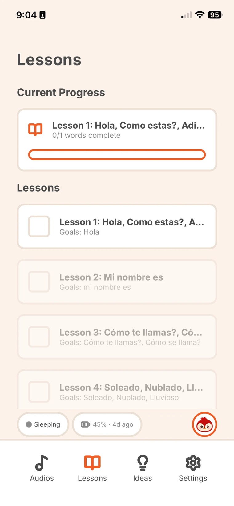 The parent app showing lesson progress