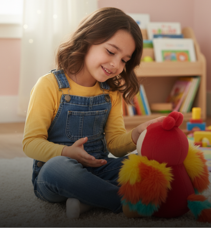 Young girl playing with a bilingual plush toy in a room with books and toys.