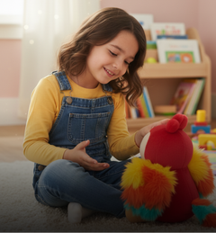 Young girl playing with a bilingual plush toy in a room with books and toys.
