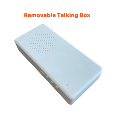 A white rectangular portable speaker or talking box with a circular speaker grille on top, shown on a plain white background with orange text reading 'Removable Talking Box' above it.